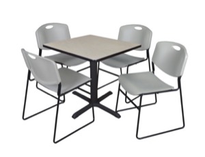 Cain 30" Square Breakroom Table - Maple & 4 Zeng Stack Chairs - Grey