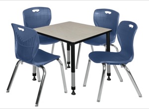 Kee 30" Square Height Adjustable Classroom Table  - Maple & 4 Andy 18-in Stack Chairs - Navy Blue