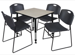 Kee 30" Square Height Adjustable Classroom Table  - Maple & 4 Zeng Stack Chairs - Black