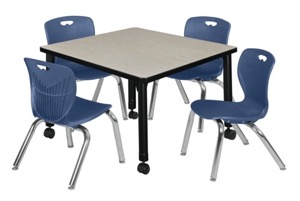 Kee 30" Square Height Adjustable Mobile Classroom Table  - Maple & 4 4 Andy 12-in Stack Chairs - Navy Blue
