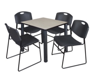 Kee 30" Square Breakroom Table - Maple/ Black & 4 Zeng Stack Chairs - Black