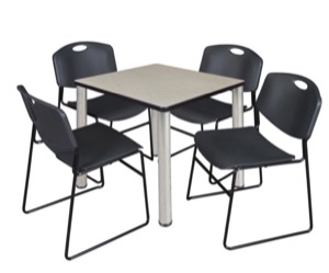 Kee 30" Square Breakroom Table - Maple/ Chrome & 4 Zeng Stack Chairs - Black