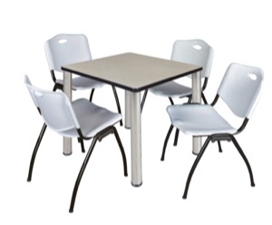Kee 30" Square Breakroom Table - Maple/ Chrome & 4 'M' Stack Chairs - Grey