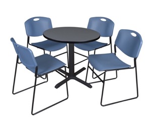 Cain 30" Round Breakroom Table - Grey & 4 Zeng Stack Chairs - Blue