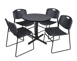 Cain 30" Round Breakroom Table - Grey & 4 Zeng Stack Chairs - Black