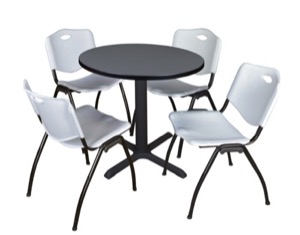 Cain 30" Round Breakroom Table - Grey & 4 'M' Stack Chairs - Grey