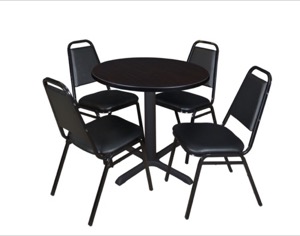 Cain 30" Round Breakroom Table - Mocha Walnut & 4 Restaurant Stack Chairs - Black