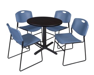 Cain 30" Round Breakroom Table - Mocha Walnut & 4 Zeng Stack Chairs - Blue