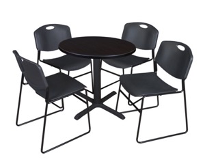 Cain 30" Round Breakroom Table - Mocha Walnut & 4 Zeng Stack Chairs - Black