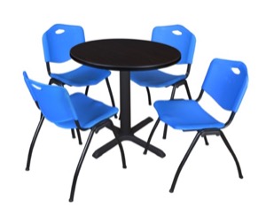 Cain 30" Round Breakroom Table - Mocha Walnut & 4 'M' Stack Chairs - Blue