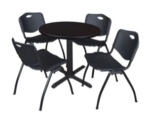 Cain 30" Round Breakroom Table - Mocha Walnut & 4 'M' Stack Chairs - Black