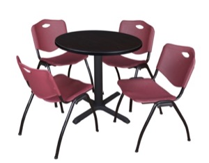 Cain 30" Round Breakroom Table - Mocha Walnut & 4 'M' Stack Chairs - Burgundy