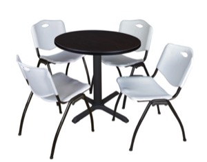 Cain 30" Round Breakroom Table - Mocha Walnut & 4 'M' Stack Chairs - Grey