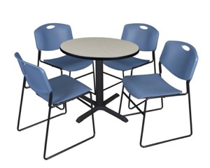Cain 30" Round Breakroom Table - Maple & 4 Zeng Stack Chairs - Blue