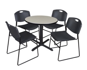 Cain 30" Round Breakroom Table - Maple & 4 Zeng Stack Chairs - Black