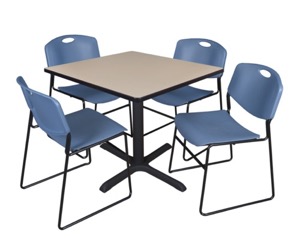 Cain 36" Square Breakroom Table - Beige & 4 Zeng Stack Chairs - Blue