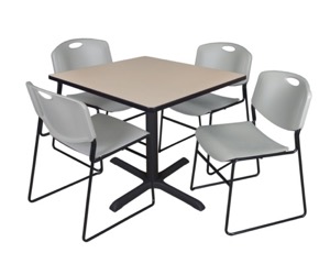 Cain 36" Square Breakroom Table - Beige & 4 Zeng Stack Chairs - Grey