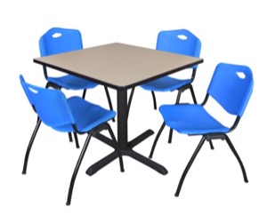 Cain 36" Square Breakroom Table - Beige & 4 'M' Stack Chairs - Blue