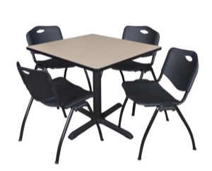 Cain 36" Square Breakroom Table - Beige & 4 'M' Stack Chairs - Black