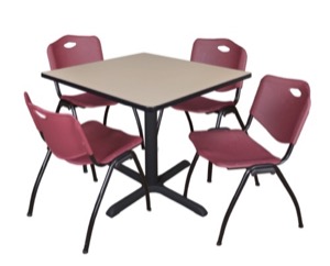 Cain 36" Square Breakroom Table - Beige & 4 'M' Stack Chairs - Burgundy