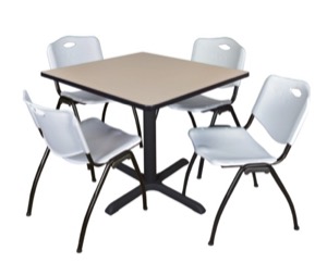 Cain 36" Square Breakroom Table - Beige & 4 'M' Stack Chairs - Grey