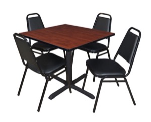 Cain 36" Square Breakroom Table - Cherry & 4 Restaurant Stack Chairs - Black