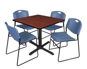 Cain 36" Square Breakroom Table - Cherry & 4 Zeng Stack Chairs - Blue