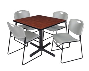 Cain 36" Square Breakroom Table - Cherry & 4 Zeng Stack Chairs - Grey