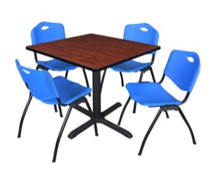 Cain 36" Square Breakroom Table - Cherry & 4 'M' Stack Chairs - Blue
