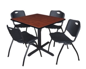 Cain 36" Square Breakroom Table - Cherry & 4 'M' Stack Chairs - Black