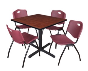 Cain 36" Square Breakroom Table - Cherry & 4 'M' Stack Chairs - Burgundy