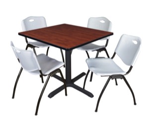 Cain 36" Square Breakroom Table - Cherry & 4 'M' Stack Chairs - Grey