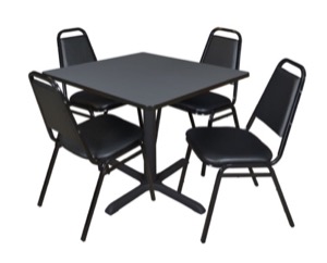 Cain 36" Square Breakroom Table - Grey & 4 Restaurant Stack Chairs - Black