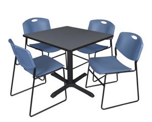 Cain 36" Square Breakroom Table - Grey & 4 Zeng Stack Chairs - Blue