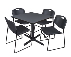Cain 36" Square Breakroom Table - Grey & 4 Zeng Stack Chairs - Black
