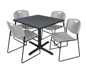 Cain 36" Square Breakroom Table - Grey & 4 Zeng Stack Chairs - Grey