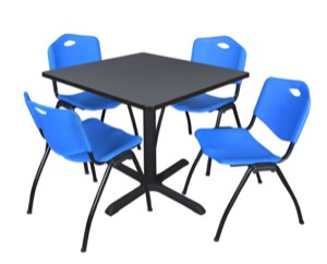 Cain 36" Square Breakroom Table - Grey & 4 'M' Stack Chairs - Blue