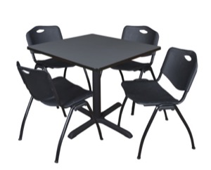 Cain 36" Square Breakroom Table - Grey & 4 'M' Stack Chairs - Black