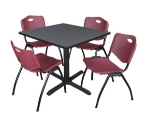 Cain 36" Square Breakroom Table - Grey & 4 'M' Stack Chairs - Burgundy