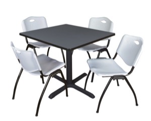 Cain 36" Square Breakroom Table - Grey & 4 'M' Stack Chairs - Grey