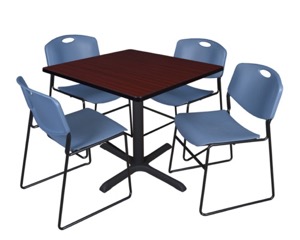 Cain 36" Square Breakroom Table - Mahogany & 4 Zeng Stack Chairs - Blue