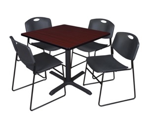 Cain 36" Square Breakroom Table - Mahogany & 4 Zeng Stack Chairs - Black