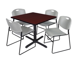 Cain 36" Square Breakroom Table - Mahogany & 4 Zeng Stack Chairs - Grey