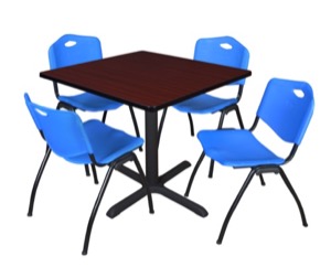 Cain 36" Square Breakroom Table - Mahogany & 4 'M' Stack Chairs - Blue
