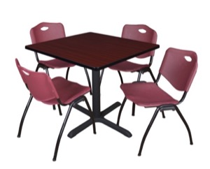 Cain 36" Square Breakroom Table - Mahogany & 4 'M' Stack Chairs - Burgundy