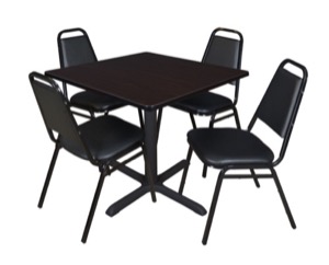 Cain 36" Square Breakroom Table - Mocha Walnut & 4 Restaurant Stack Chairs - Black