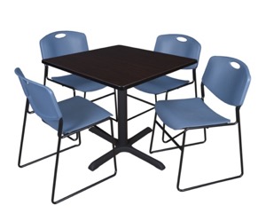 Cain 36" Square Breakroom Table - Mocha Walnut & 4 Zeng Stack Chairs - Blue