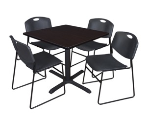 Cain 36" Square Breakroom Table - Mocha Walnut & 4 Zeng Stack Chairs - Black