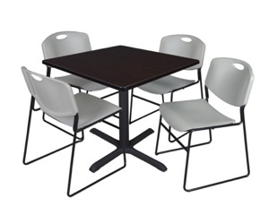 Cain 36" Square Breakroom Table - Mocha Walnut & 4 Zeng Stack Chairs - Grey
