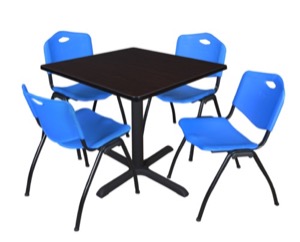 Cain 36" Square Breakroom Table - Mocha Walnut & 4 'M' Stack Chairs - Blue